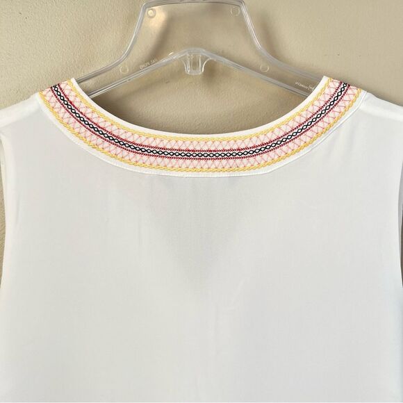 WHBM Boho White Sleeveless Top Blouse Embroidered Tassal Neckline - Picture 9 of 11